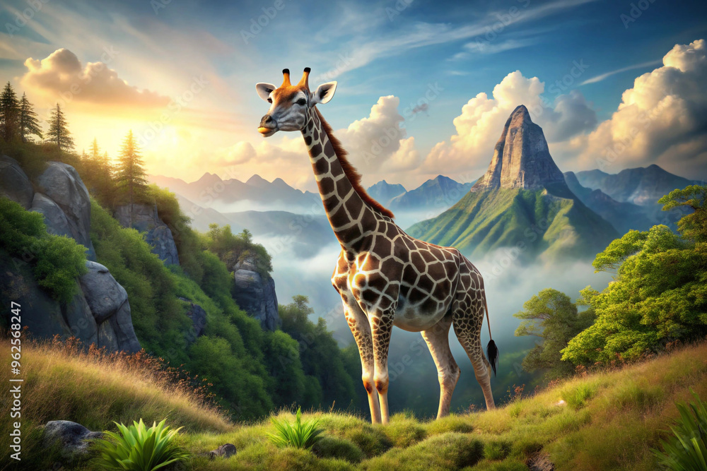 Obraz premium A Giraffe Stands on a Mountain Ridge with a Misty Valley Behind It