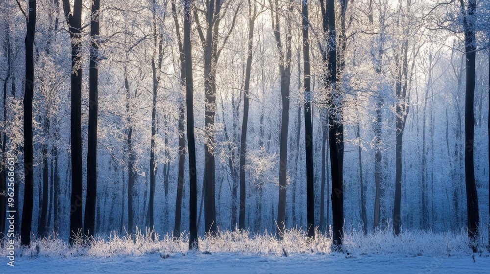 Sunlit Frozen Forest with Tall Trees and White Snow
