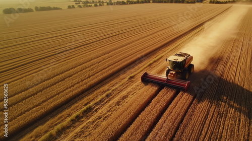 a one combine farming machine that harvests grain in endless golden fields. Rural crop harvesting scene. Farm, agriculture, production concept. Autumn landscape. Aerial photo. Top view.