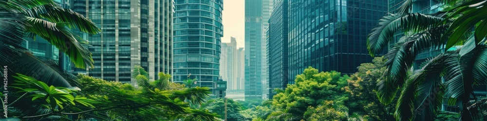 Contemporary High-Rise Buildings Encircled by Verdant Foliage in City Environment Contemporary High-Rise Buildings Encircled by Verdant Foliage in City Environment