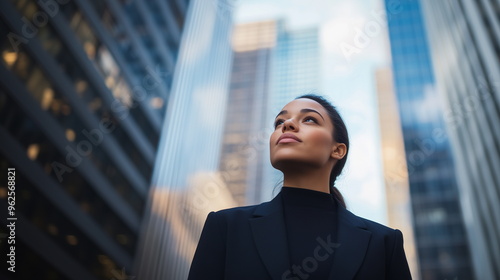 Wallpaper Mural Low angle profile of confident and professional young African American black female businesswoman looking up while standing among skyscrapers. Torontodigital.ca