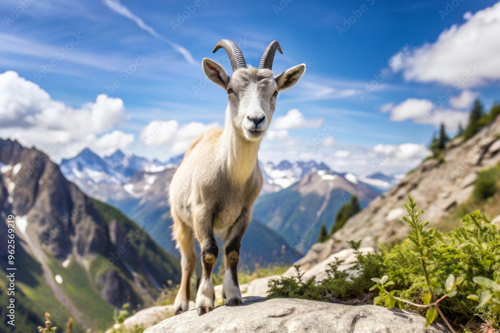 A Mountain Goat Stands on a Rock with a Mountain View A Mountain Goat Stands on a Rock with a Mountain View