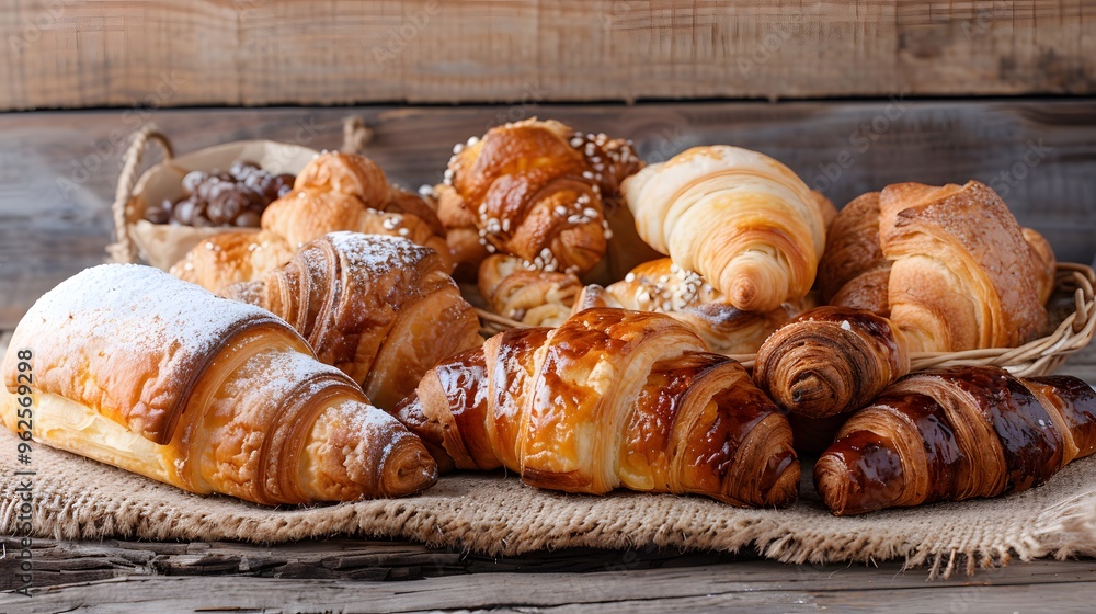Fototapeta premium Assortment of Freshly Baked Croissants on Rustic Background