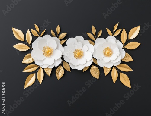 elegant white paper flowers with golden leaves on black background