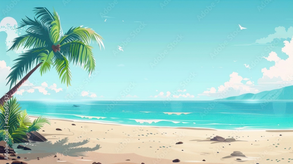 Scenic beach with crystal-clear sea and a lush palm tree, framed by a sunny sky, offering a picturesque and tropical coastal view. Scenic beach with crystal-clear sea and a lush palm tree, framed by a sunny sky, offering a picturesque and tropical coastal view.