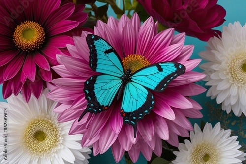 Decorative Flora with Striking Butterfly in Magenta and Teal