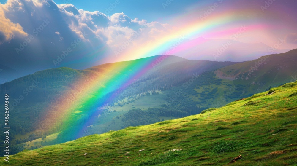 Vibrant rainbow arching across a natural landscape, creating a stunning and colorful view against the backdrop of nature Vibrant rainbow arching across a natural landscape, creating a stunning and colorful view against the backdrop of nature