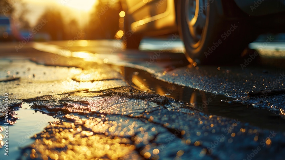 Close-up of a vehicle leaking fuel on the road, resulting in damage to the surface. Close-up of a vehicle leaking fuel on the road, resulting in damage to the surface.