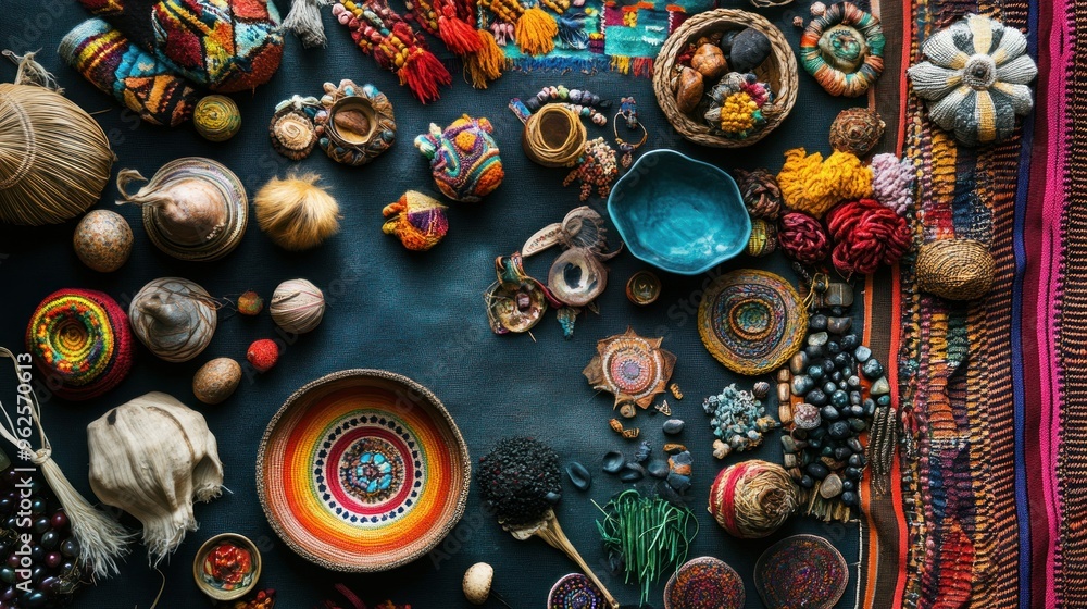 Colorful Handmade Woven Textiles and Objects on a Dark Blue Background Colorful Handmade Woven Textiles and Objects on a Dark Blue Background