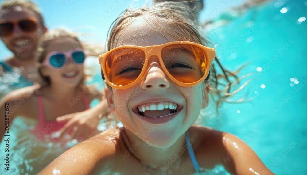 Naklejka premium A Little Girl Smiles Underwater Wearing Orange Sunglasses