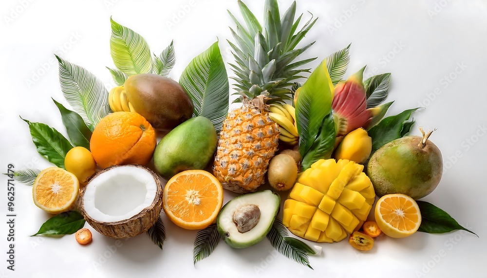 Summer Tropical Vegan Fruits and Vegetables Layout - illustration of a mix of tropical vegan produce - pineapples, mangoes, papayas, coconuts, and pineapple. Graphic art illustration poster Summer Tropical Vegan Fruits and Vegetables Layout - illustration of a mix of tropical vegan produce - pineapples, mangoes, papayas, coconuts, and pineapple. Graphic art illustration poster