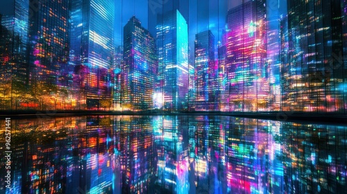 Abstract Cityscape Reflection with Neon Lights and Water