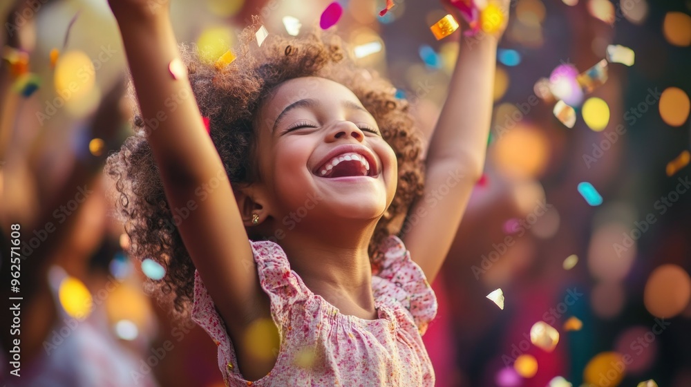 Young Girl with Curly Hair Smiles and Cheers Amidst Confetti Young Girl with Curly Hair Smiles and Cheers Amidst Confetti