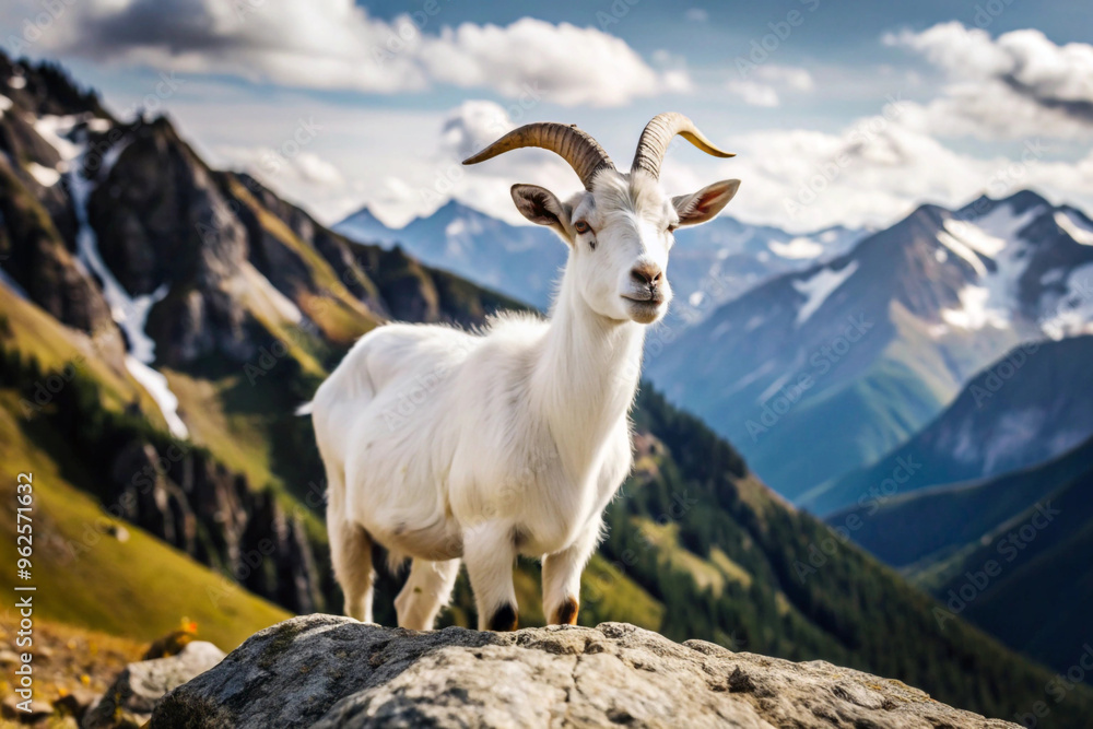 Naklejka premium White Goat Standing on a Rocky Mountain Ridge