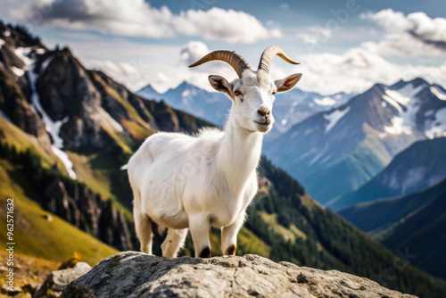 White Goat Standing on a Rocky Mountain Ridge