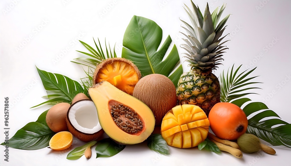 Summer Tropical Vegan Fruits and Vegetables Layout - illustration of a mix of tropical vegan produce - pineapples, mangoes, papayas, coconuts, and pineapple. Graphic art illustration isolated Summer Tropical Vegan Fruits and Vegetables Layout - illustration of a mix of tropical vegan produce - pineapples, mangoes, papayas, coconuts, and pineapple. Graphic art illustration isolated