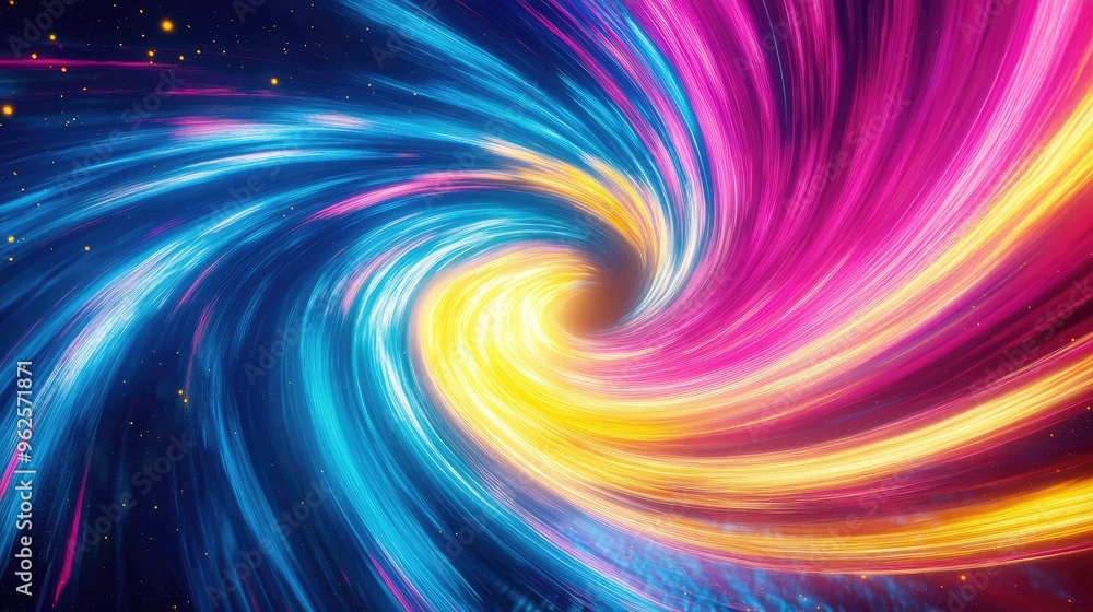 Fototapeta premium Swirling neon light rays mimicking the speed of light in a galaxy explosion, with vibrant blue, pink, yellow, and purple glow on black