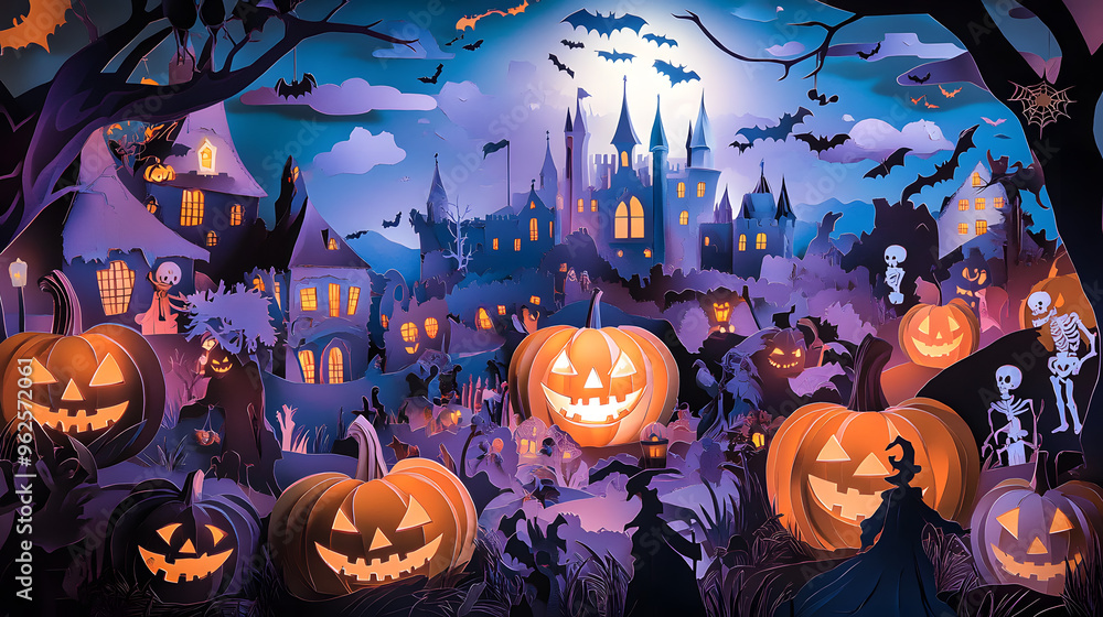 Fototapeta premium Fantasy Halloween celebration with spooky pumpkins, a range of costumed characters, a castle, and decorations ghosts, witches, and skeletons, with a clear copy space.paper cut craft style.