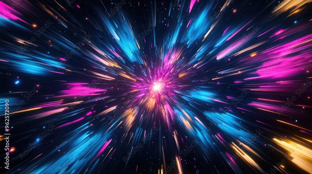 Fototapeta premium Vibrant neon light rays in a starburst explosion, featuring dynamic blue, pink, yellow, and purple lines in the galaxy against black