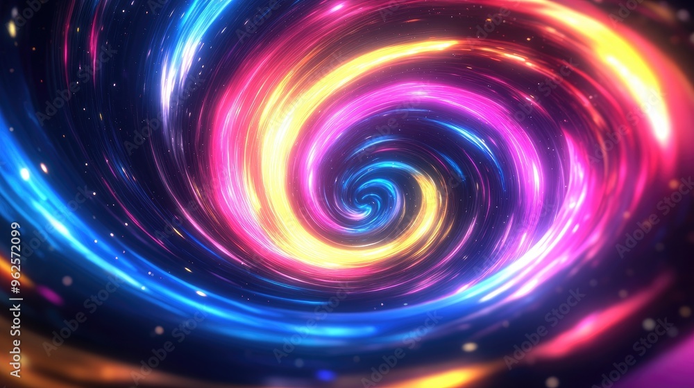 Vibrant spiral neon light rays representing the speed of light in the galaxy, with blue, pink, yellow, and purple glow on black Vibrant spiral neon light rays representing the speed of light in the galaxy, with blue, pink, yellow, and purple glow on black