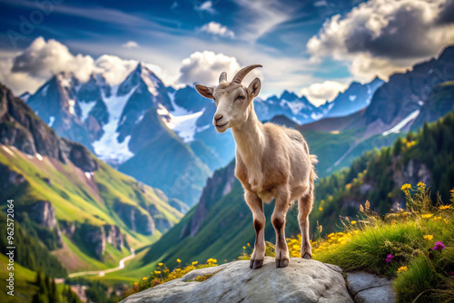 A Mountain Goat Stands on a Rock in a Scenic Mountain Landscape