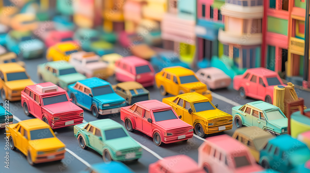 Obraz premium A busy Bangkok city street, packed with cars in a traffic jam, vivid colors and minimal paper cut craft style,.vibrant paper cut craft buildings, cars lined up, all in a minimal and colorful aesthetic