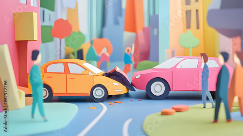 Car accident scene with two cars and people discussing the event, depicted in a vivid and minimal paper cut craft style with bright colors. photo