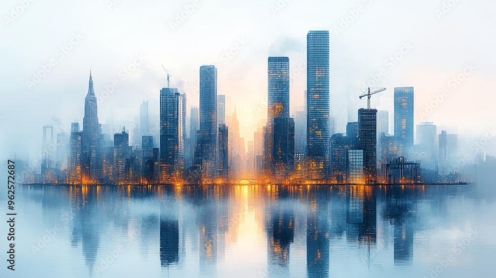 Fototapeta premium Modern city skyline with tall buildings and cranes under construction. It represents the growth of architectural design in urban development. White background and contrast between water reflections