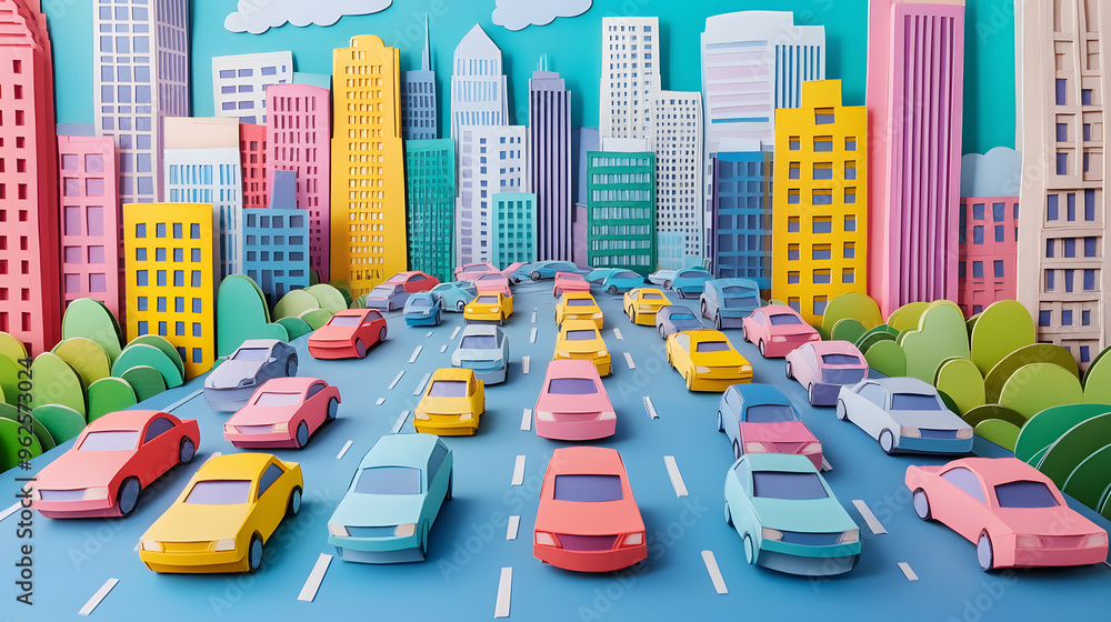 A busy Bangkok city street, packed with cars in a traffic jam, vivid colors and minimal paper cut craft style,.vibrant paper cut craft buildings, cars lined up, all in a minimal and colorful aesthetic A busy Bangkok city street, packed with cars in a traffic jam, vivid colors and minimal paper cut craft style,.vibrant paper cut craft buildings, cars lined up, all in a minimal and colorful aesthetic