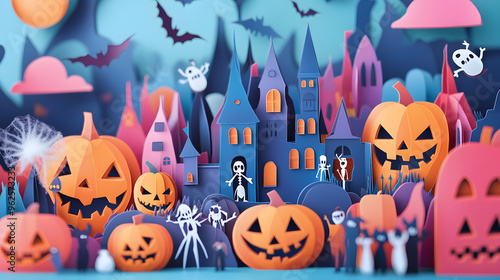 Fantasy Halloween celebration with spooky pumpkins, a range of costumed characters, a castle, and decorations ghosts, witches, and skeletons, with a clear copy space.paper cut craft style.