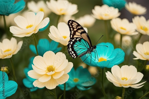 Enchanting Butterfly Among Cream and Turquoise Blooms