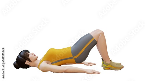 Woman Character doing Leg Over Knee Glute Bridge. Leg and buttocks Workout in 3d animation. Perfect for fitness themed productions, diet plans, weight loss training, Legs Exercises. 3D Render photo