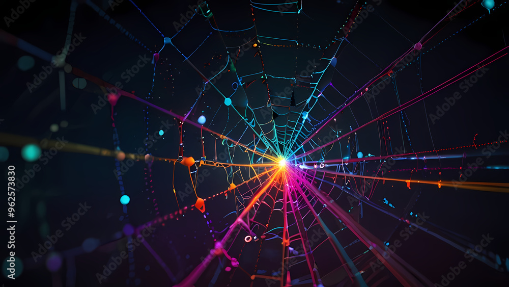 Abstract illustration of a spider web with neon threads stretching in various directions Abstract illustration of a spider web with neon threads stretching in various directions