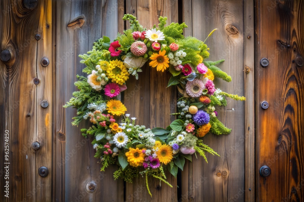 Fototapeta premium A beautiful floral wreath on rustic wooden door with vibrant and colorful blooms