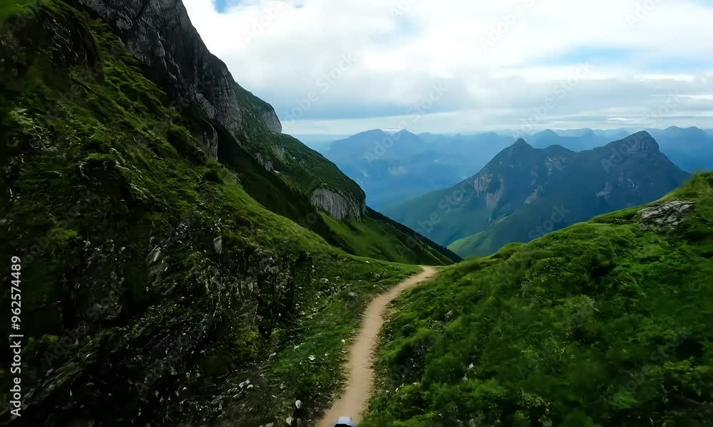 A winding dirt path through lush green hills and mountains under a cloudy sky. A winding dirt path through lush green hills and mountains under a cloudy sky.