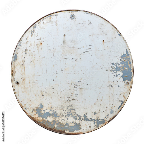 Worn and Rusted Round Metal Sign with Faded Paint