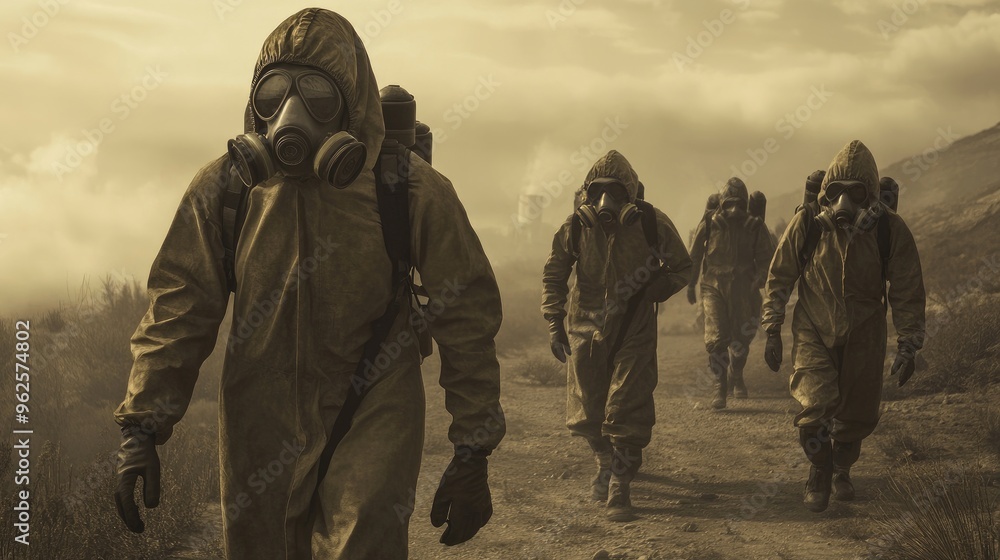 A group of people wearing biohazard suits and gas masks walk through a desolate apocalyptic landscape, conveying the urgency of survival A group of people wearing biohazard suits and gas masks walk through a desolate apocalyptic landscape, conveying the urgency of survival