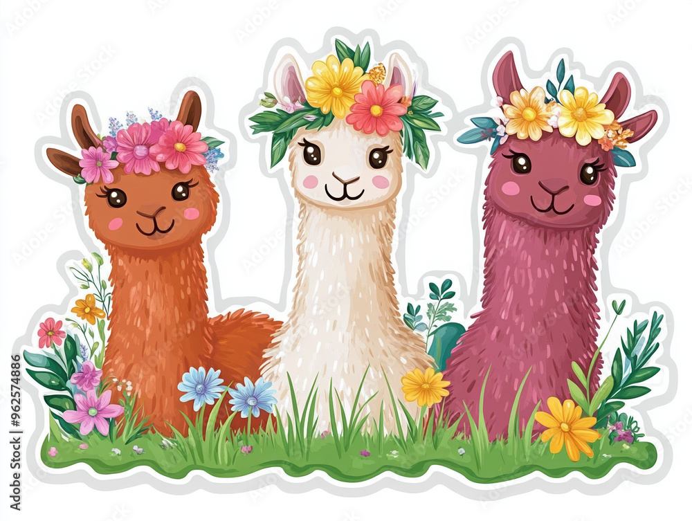 Naklejka premium llamas cute animals colorful flowers floral designs cartoon llamas animal illustration fun graphics llama art children’s art nature scene