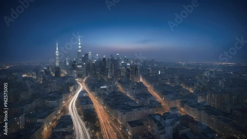 Dubai City Night Aerial View with Traffic Lights Trail Effect