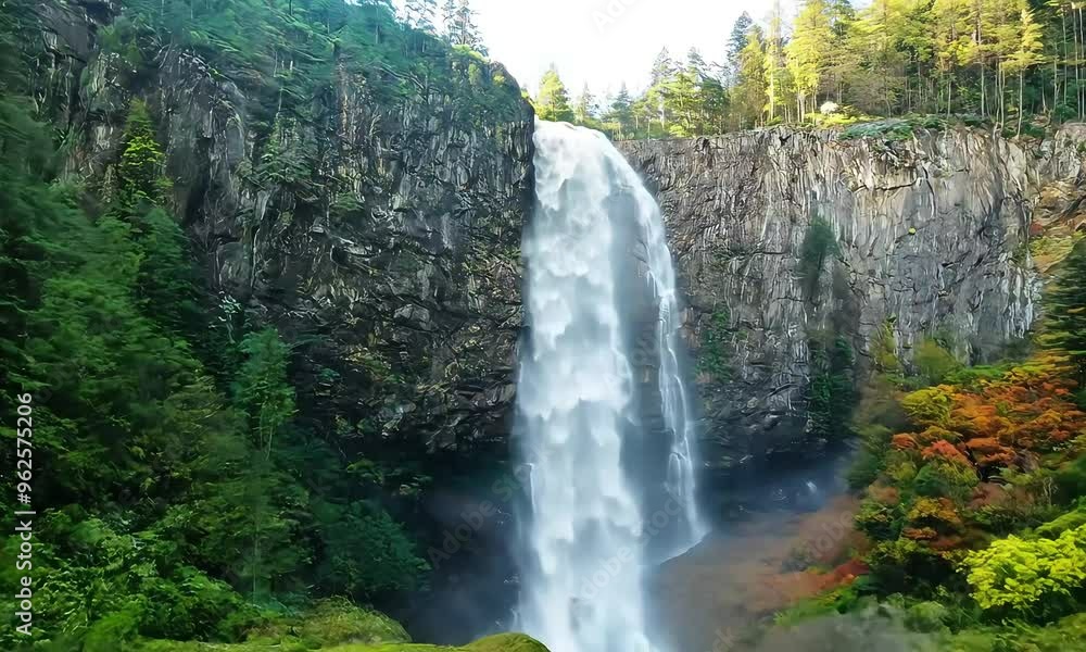 A stunning waterfall surrounded by lush greenery and vibrant flowers in a natural landscape. A stunning waterfall surrounded by lush greenery and vibrant flowers in a natural landscape.