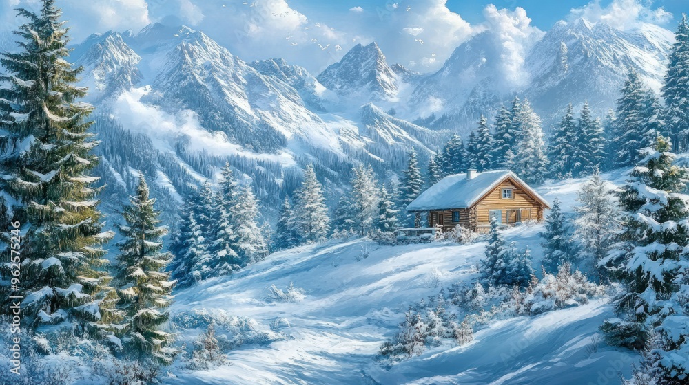 Fototapeta premium A cozy wooden cabin nestled amidst snow-covered mountain peaks and evergreen trees