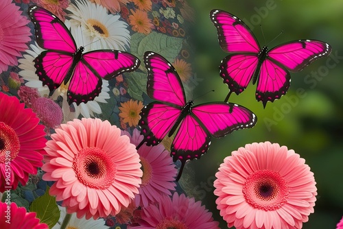 Mesmerizing Fuchsia Butterflies Hovering Near Brilliant Gerbera Flowers in a Floral Mosaic
