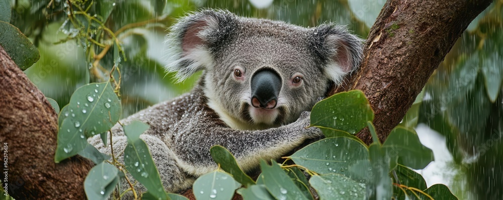 Fototapeta premium Koala lounging in a eucalyptus tree with raindrops clinging to leaves, wildlife photography, the serenity of a rainy day in the wild