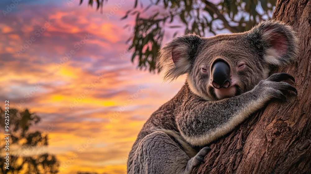 Obraz premium Koala resting in a eucalyptus tree at sunset, with vibrant colors filling the sky, wildlife photography, the calm at the end of the day