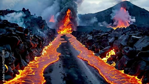 A road  is surrounded by  lava  and  smoke . photo