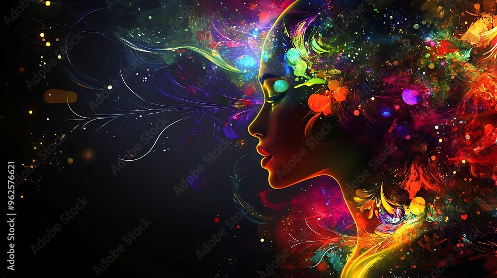 Enchanting Woman's Profile: Vibrant Shapes, Colorful Crystals, Mystical Background & Soft Light Enchanting Woman's Profile: Vibrant Shapes, Colorful Crystals, Mystical Background & Soft Light