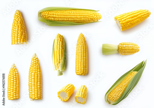 Fresh corn cobs and kernels isolated on white background