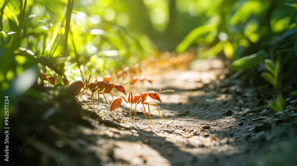 Obraz premium Ants marching single file on a narrow dirt trail, with sunlight filtering through the trees and casting soft shadows on the ground
