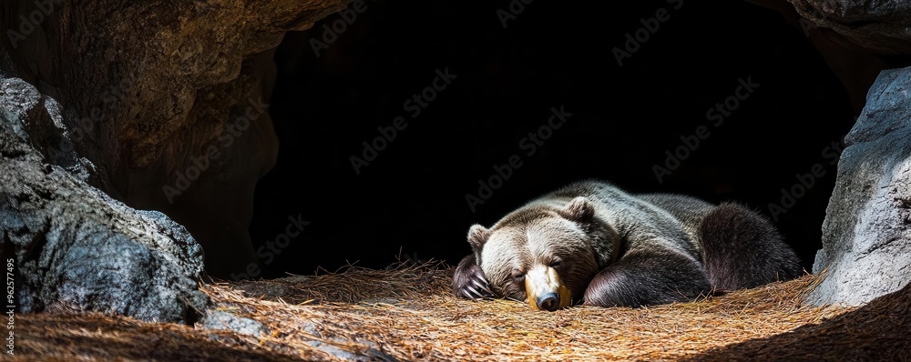 Bear resting on a bed of pine needles in a spacious cave, with faint light from the entrance casting long shadows, depicting natural shelter Bear resting on a bed of pine needles in a spacious cave, with faint light from the entrance casting long shadows, depicting natural shelter