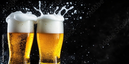 Two Beer Glasses Clinking Together with Foam Splashes, Isolated on a Dark Background, Capturing a Cheers Moment in a High-Quality Stock Photo